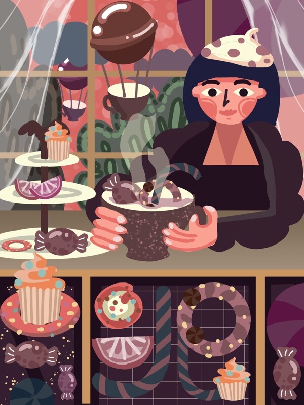 粗線條寫(xiě)實(shí)主義下午茶甜點(diǎn)少女蛋糕美味