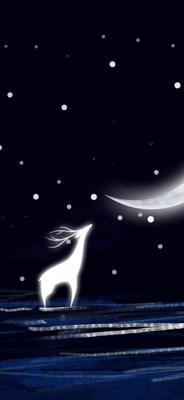 治愈夜空月亮白鹿插画