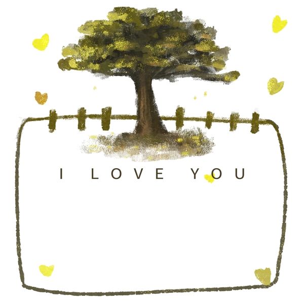 浪漫情人节金色系复古手绘边框卡片金色小树爱心