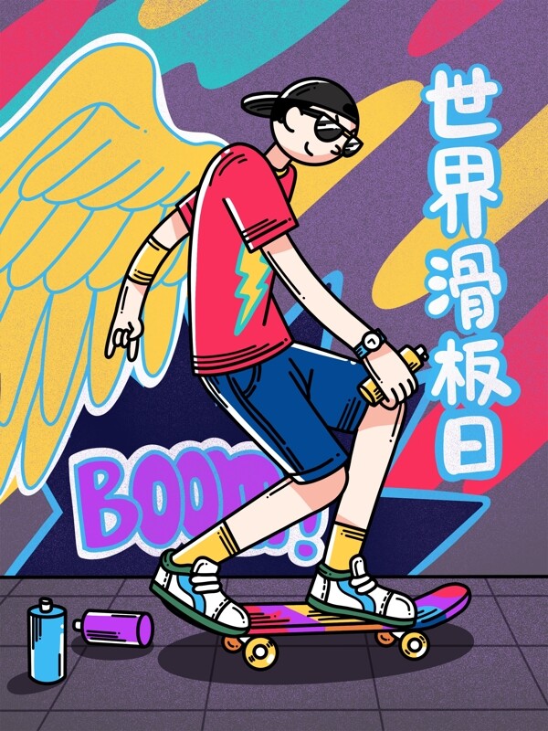 手绘插画世界滑板日滑板涂鸦男孩