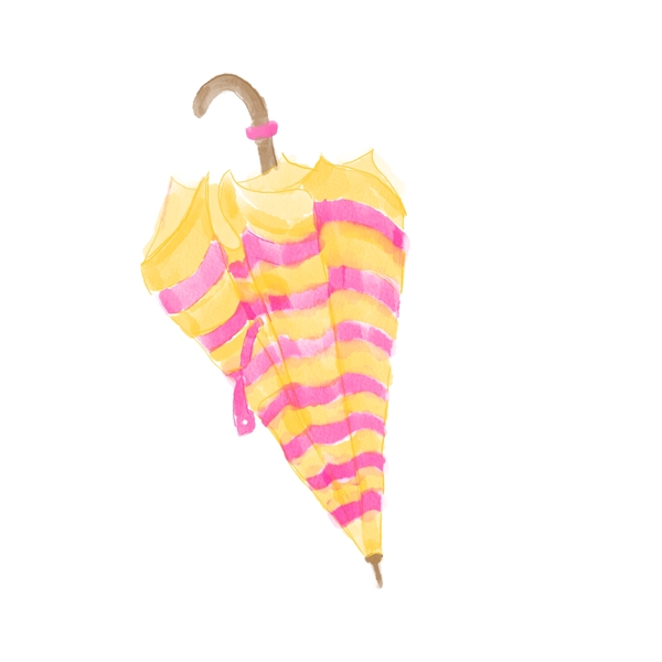 清新可爱粉红嫩黄条纹木柄雨伞水彩素材
