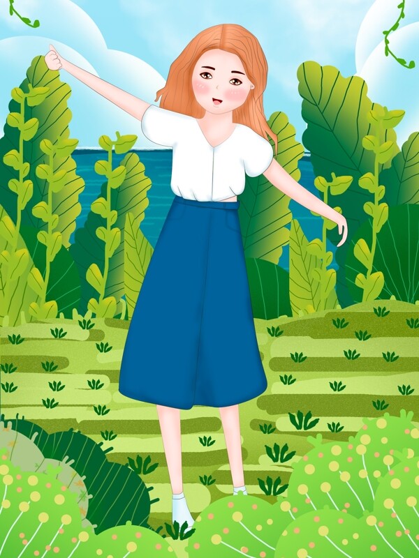 立夏之草地上吹海风的女孩扁平风插画