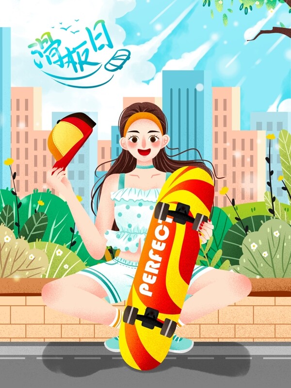 清新国际滑板日滑板酷女孩插画