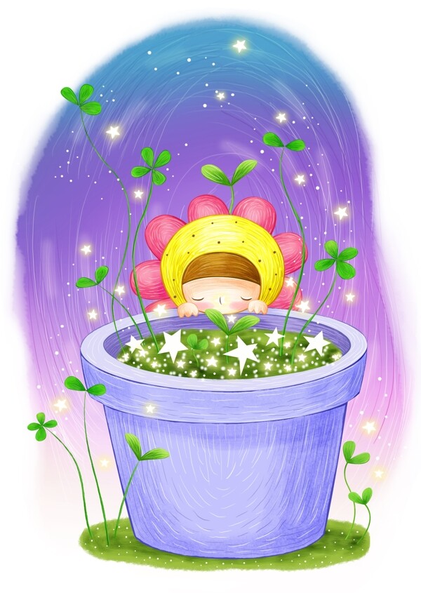 花盆旁的小女孩