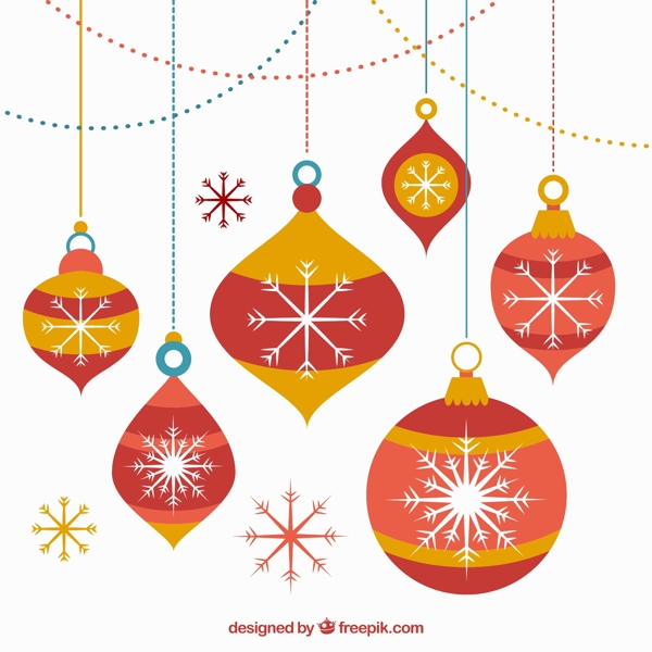 彩色圣诞吊球和雪花贺卡矢量图