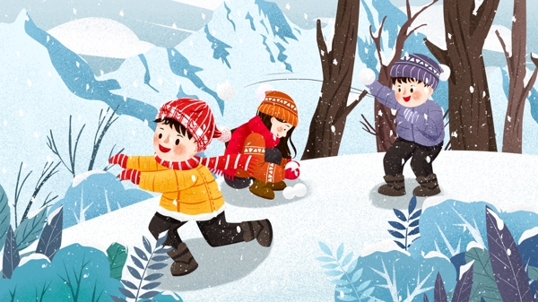 冬季孩子雪地打雪仗冬天雪景插画