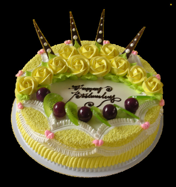 黄色玫瑰花朵车厘子蛋糕图案