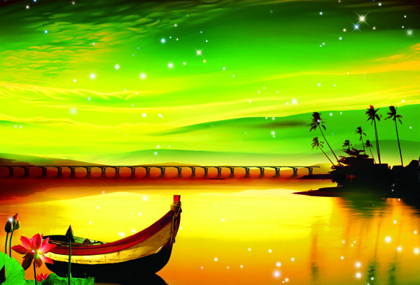 欧式梦幻湖上孤舟萤火虫油画背景墙