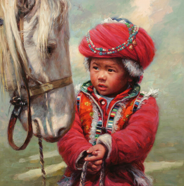 牵马的儿童油画图片