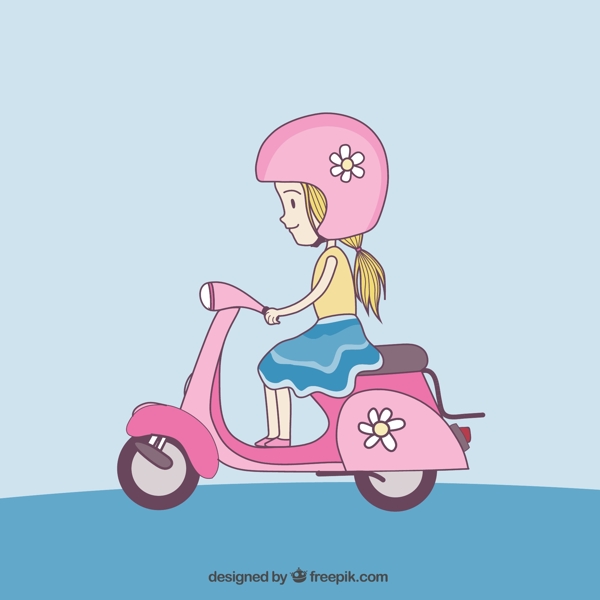 骑粉色电动车的女孩矢量图