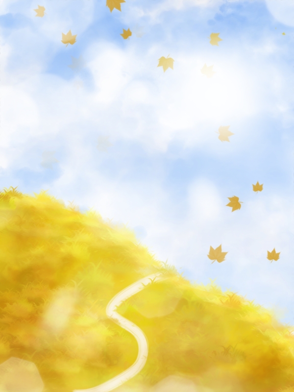 全原创纯手绘秋天金黄色的草地蓝天白云背景