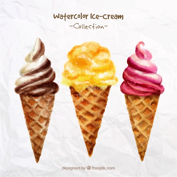3款水彩绘甜筒冰淇淋矢量素材
