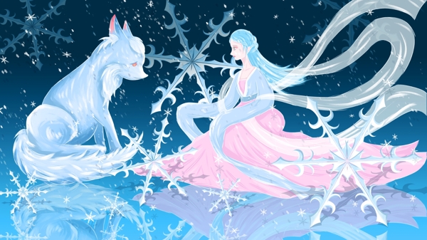 古风梦幻插画小雪冬天冰上的仙女和白狐