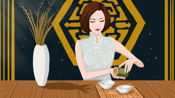 中国茶道悠闲倒茶的女人插画海报配图