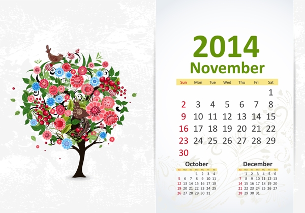 十一月2014年歷矢量