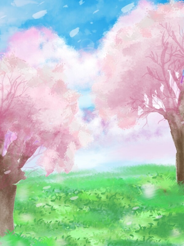 全原创手绘蓝天白云粉色樱花树草地海报背景