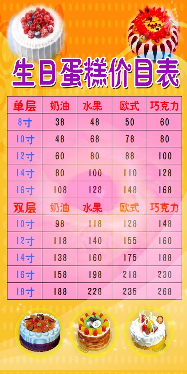 生日蛋糕價(jià)目表