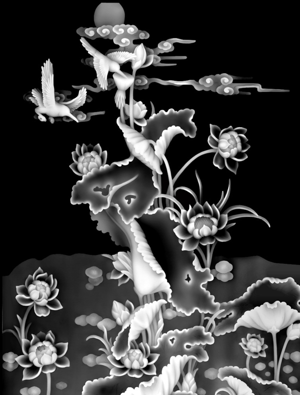 浮雕灰度荷花圖