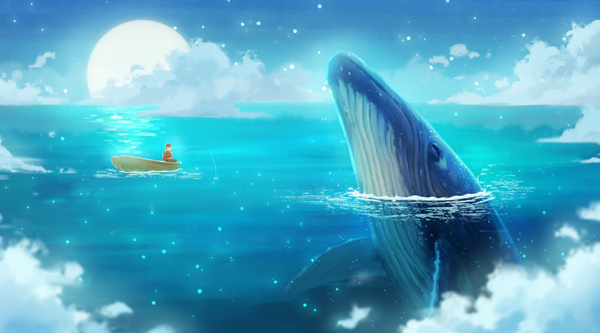 鲸鱼蓝色梦幻海洋清新插画卡通云