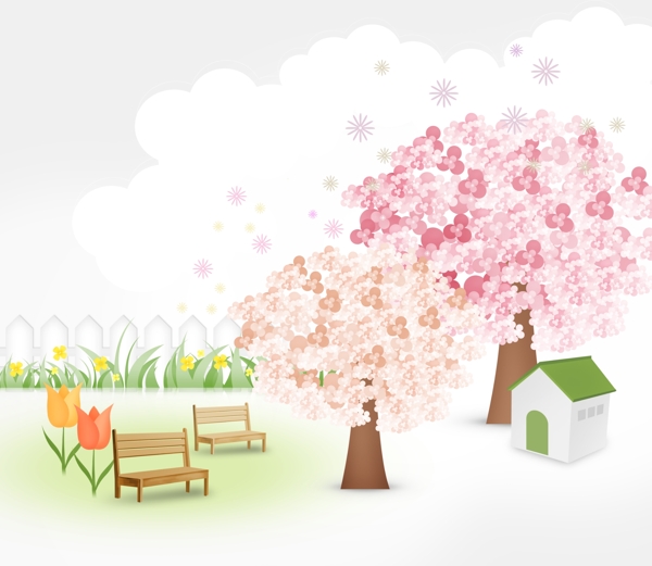粉色樱花树和房子