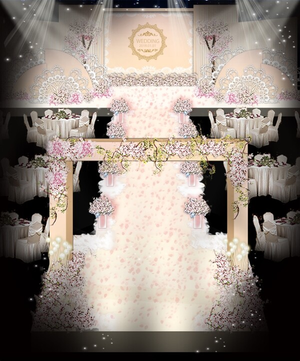 香槟色粉色婚礼舞台背景花艺镂空造型