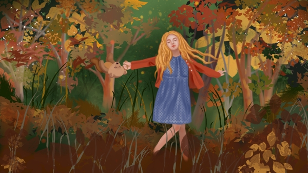 秋天树林草丛中女孩与小熊跳舞开心愉快原创