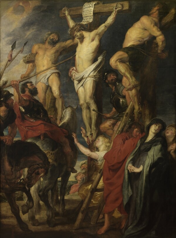 十字架上钉着的男士和骑马的士兵图片