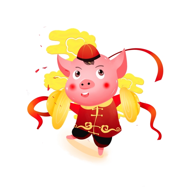 新年立体猪卡通猪IP猪年敲锣跳舞祥云喜庆