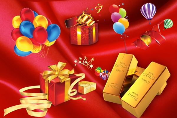 节日礼品盒气球金条图片