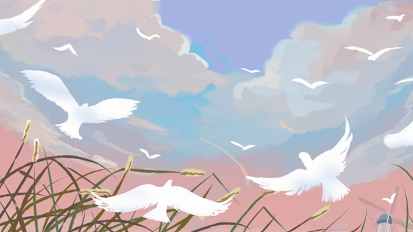 草地上空的白色飞鸟卡通背景