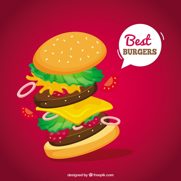 手绘创意汉堡插图红色背景