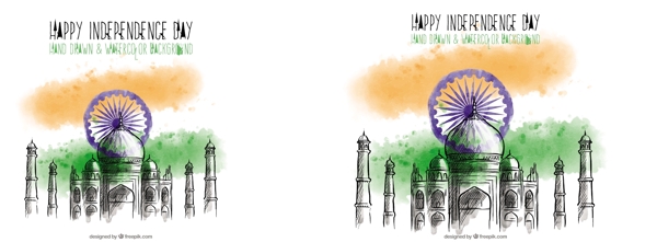 手绘的泰姬陵水彩背景印度独立日