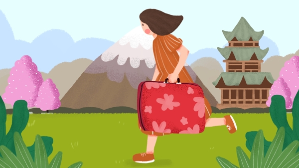 世界旅游日女孩旅行日本旅行箱手绘插画配图