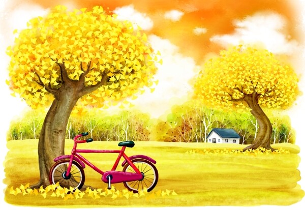 农场与红色自行车插画