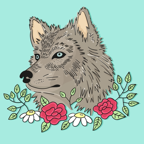 彩绘狼头像和花卉矢量素材