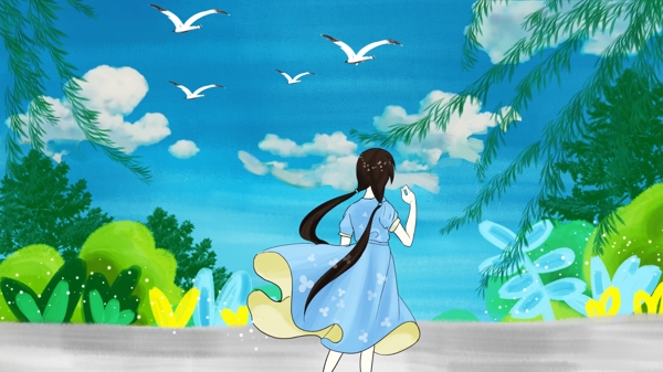 簡約清新夏天的女孩插畫