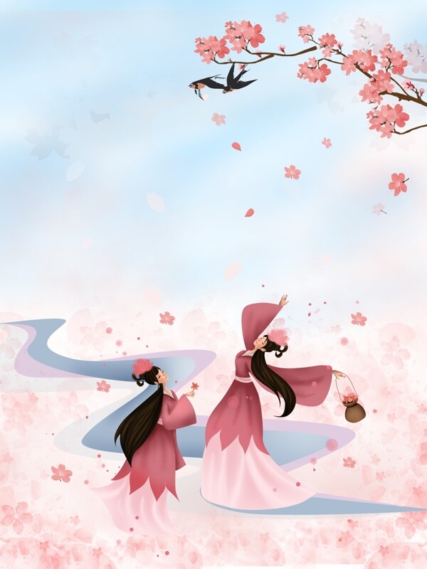 春季手绘樱花仙子起舞背景
