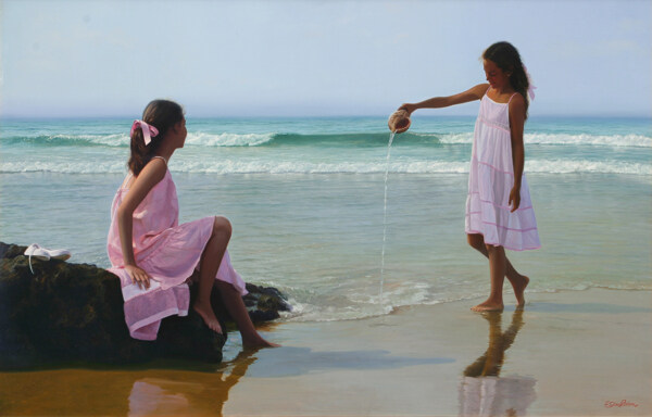 海滩上的小女孩油画图片