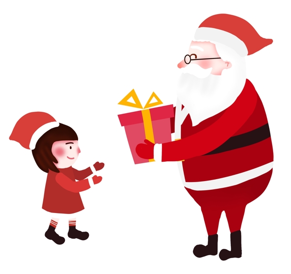 圣诞节卡通手绘送礼物的圣诞老人和小孩