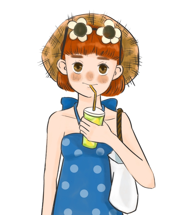 夏季喝果汁的女孩酷暑