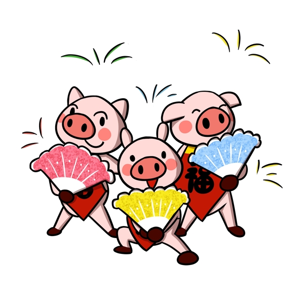 卡通小猪新年扭秧歌png透明底