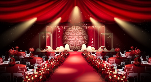 红色中式屏风厅内婚礼手绘效果图