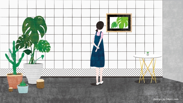 ins風格小清新女孩綠植店插畫