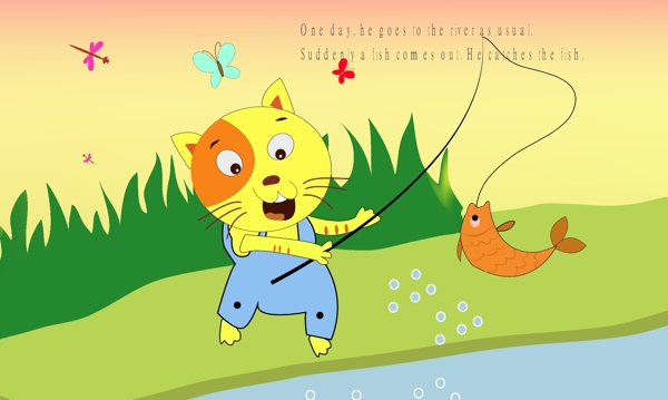 猫咪钓鱼卡通插画