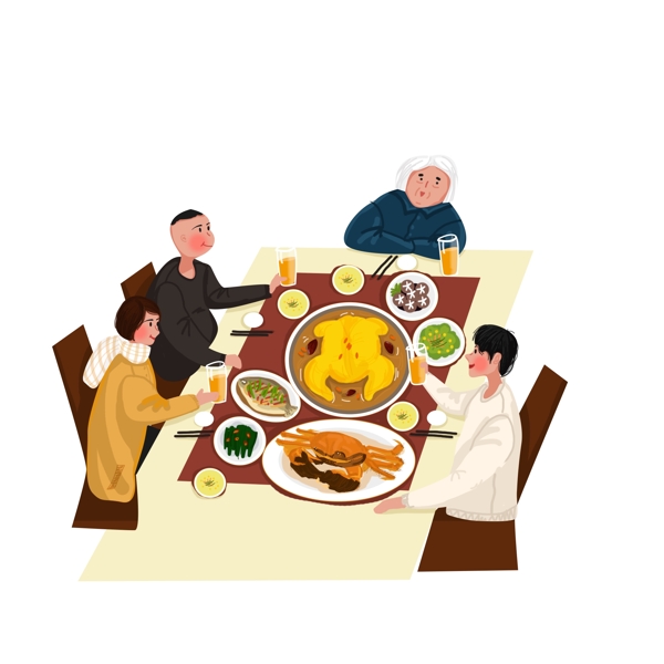 过年吃饭的一家人插画元素