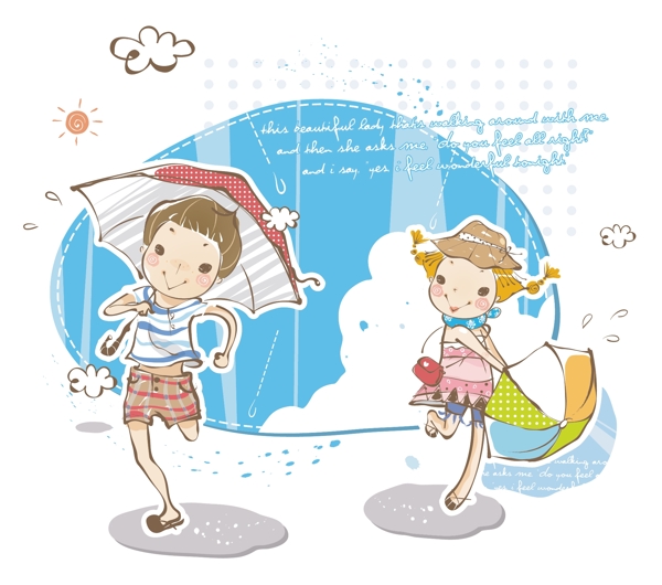 拿伞在雨中奔跑的情侣