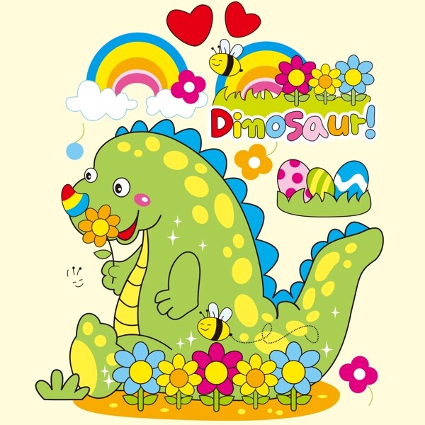 印花矢量圖可愛卡通卡通動物恐龍云朵免費素材