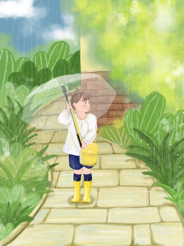 清明时节雨纷纷小女孩雨中踏青漫步原创插画