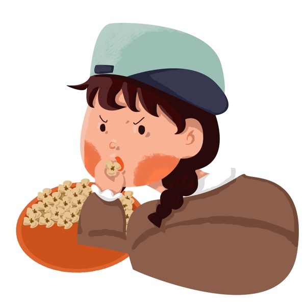 手绘卡通戴帽子的女孩吃爆米花原创元素