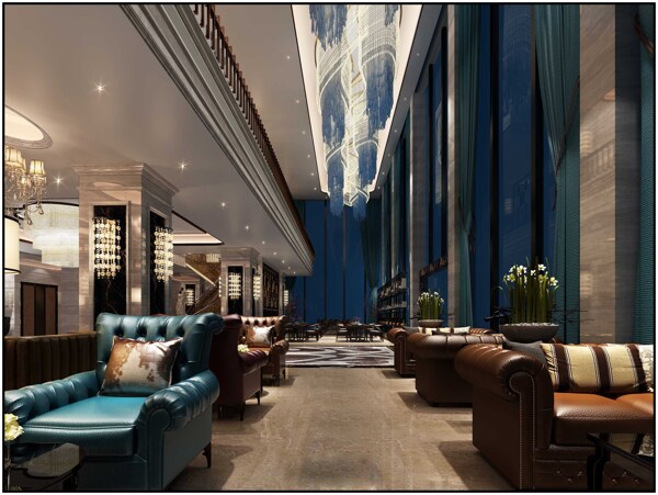 现代时尚经典酒店大厅蓝色背景墙工装装修图